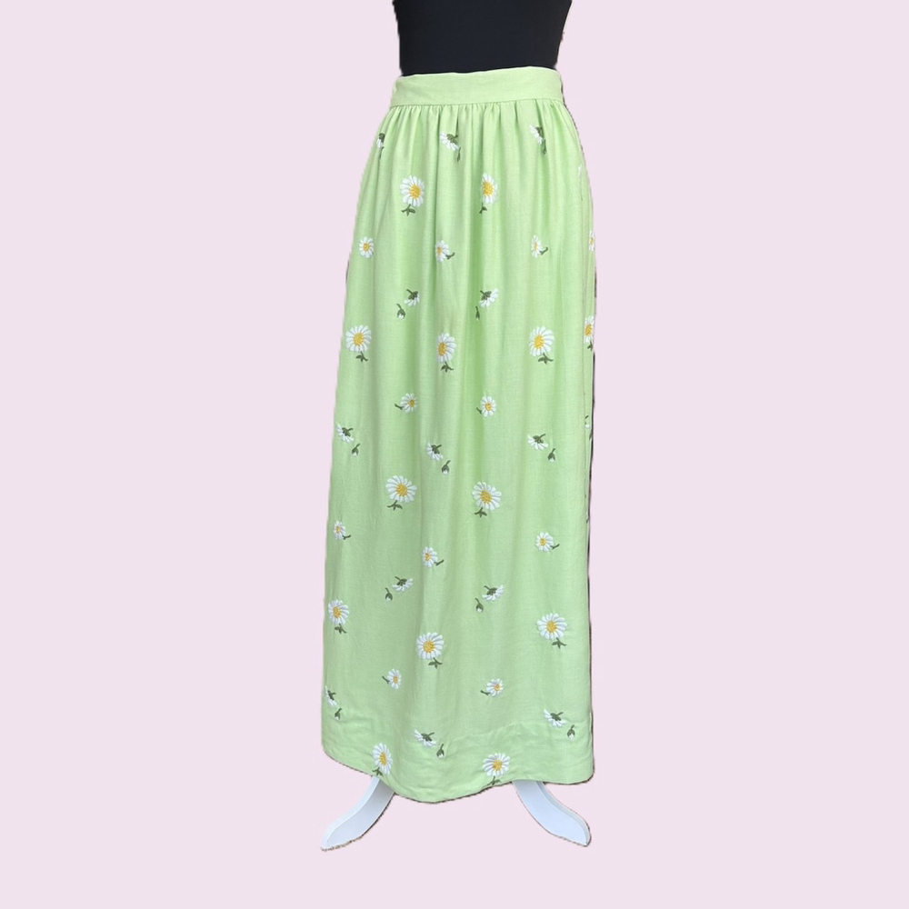 Vintage 60s Green Embroidered Daisy Maxi Skirt Size Small